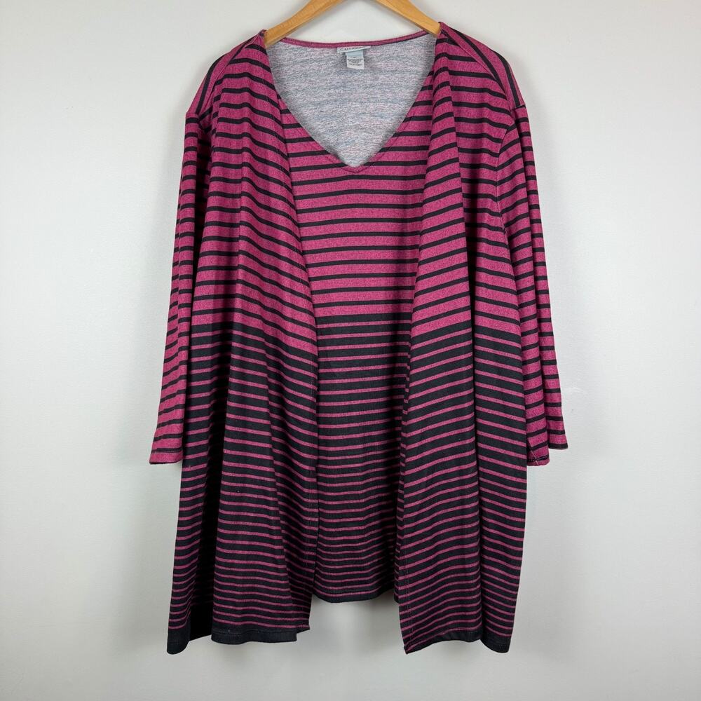 Catherines Sweater Blouse Womens 4X Pink Black Striped 3/4 Sleeve Two-Fer Modern
